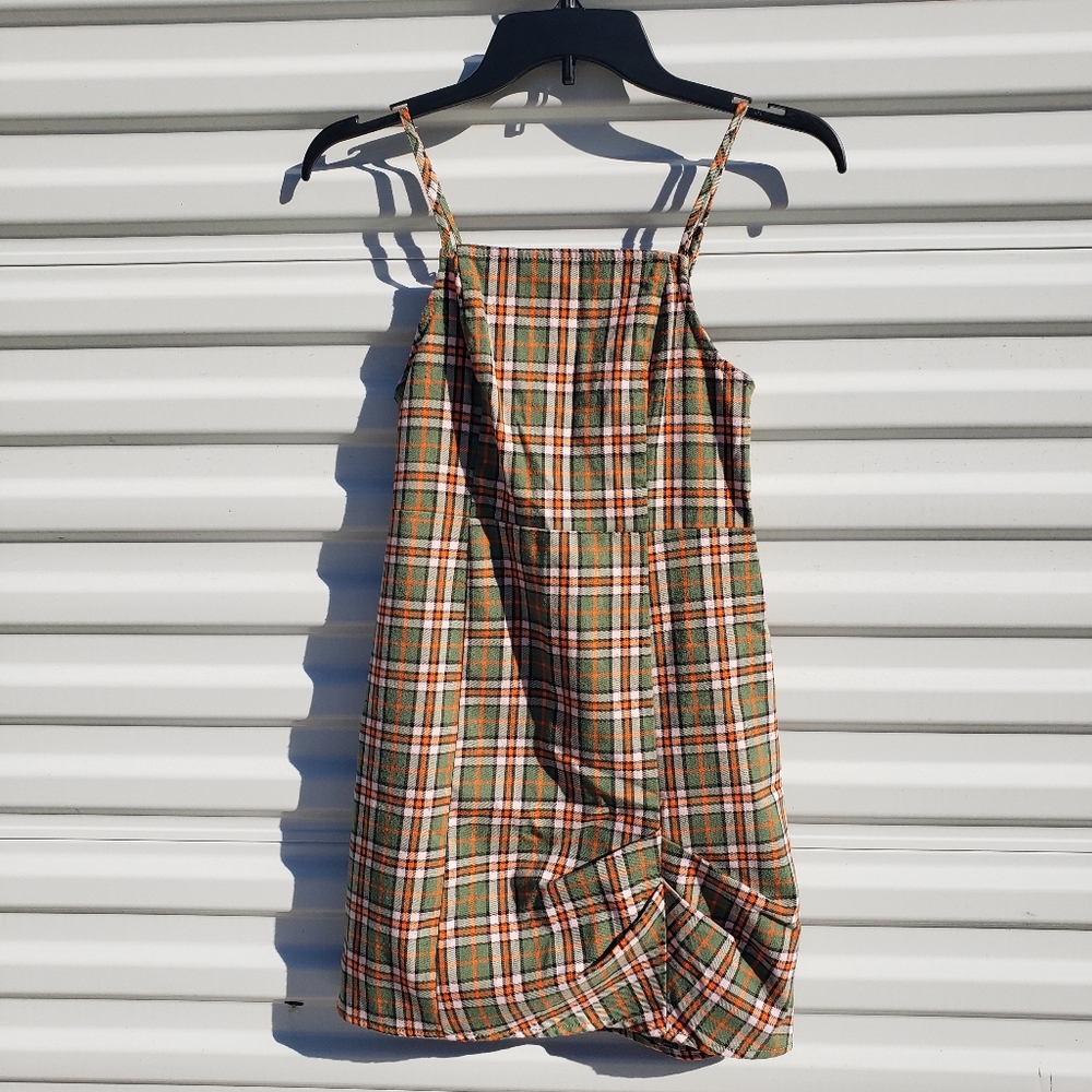 Urban Outfitters Monica Square neck green plaid strappy mini dress - Picture 3 of 9